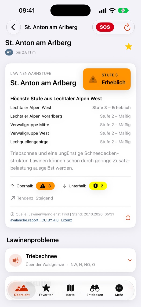 Übersicht in AlpiCheck: St. Anton am Arlberg mit Gefahrenstufe 3, Erheblich, und der Herkunft der Stufe