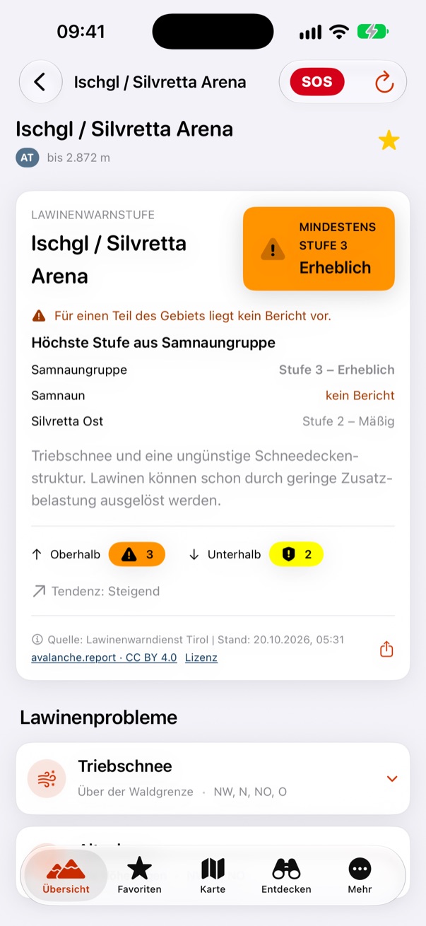 Skigebiet in mehreren Warnregionen: höchste Stufe mit Herkunft und der Hinweis „mindestens Stufe 3“