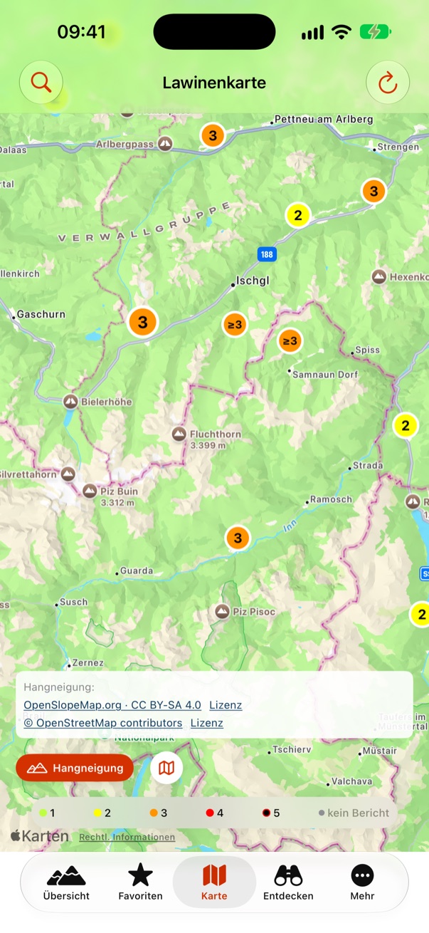 Lawinenkarte: Skigebiete als Punkte in der Farbe ihrer Gefahrenstufe