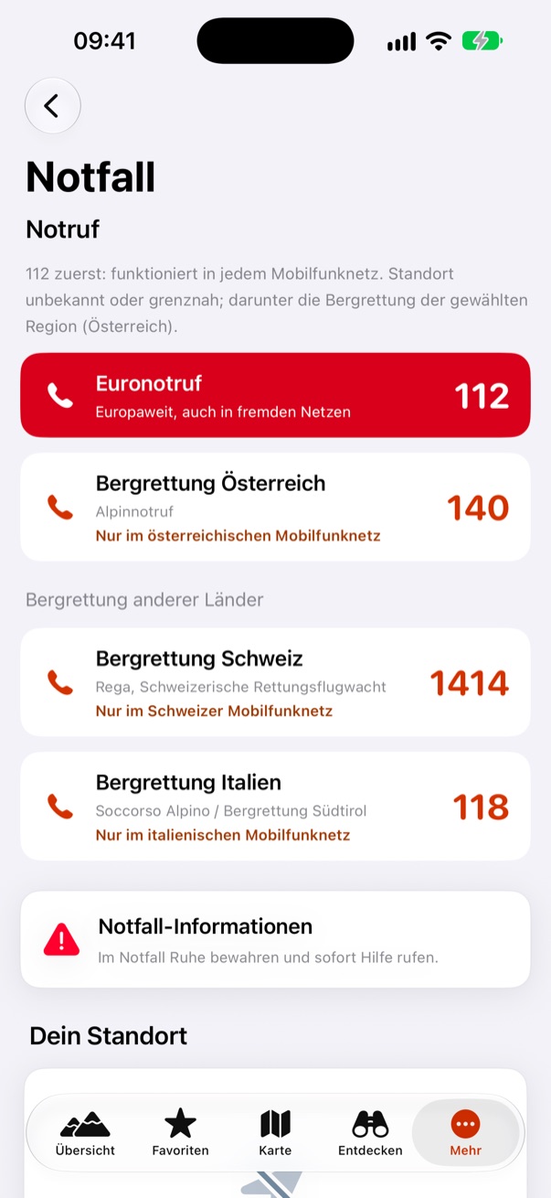 Notfall-Ansicht mit 112 im Schnellzugriff und der Bergrettung des Standort-Landes