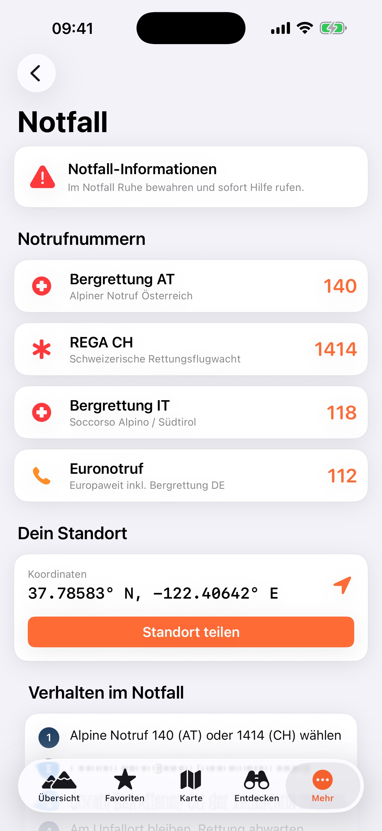 AlpiCheck Notfall mit Bergrettungsnummern